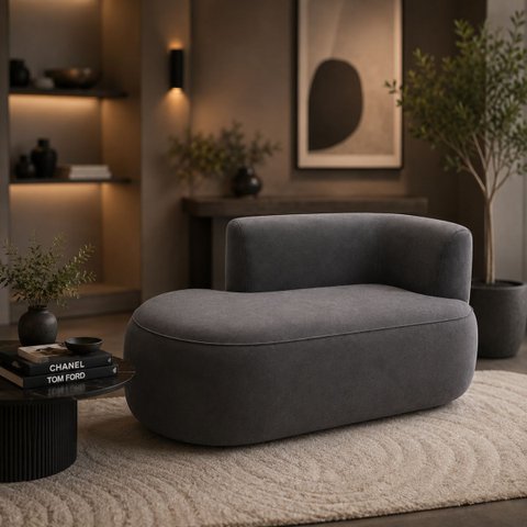 Sofá Curvo Orgânico 2 Lugares 160cm Sala Recepção Veludo:Cinza/Braça Lado Esquedo