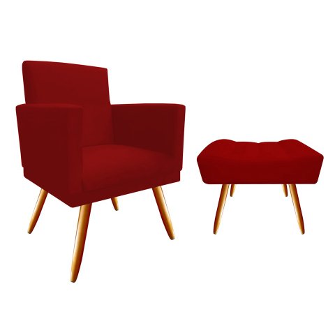 Kit Poltrona Decorativa Bia + Puff Retangular Suede Vermelho Pés Madeira Mz Decor