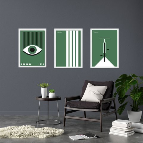 Kit 3 Quadros Artes Bauhaus Verde e Branco 33x24cm - com Vidro:moldura Preta