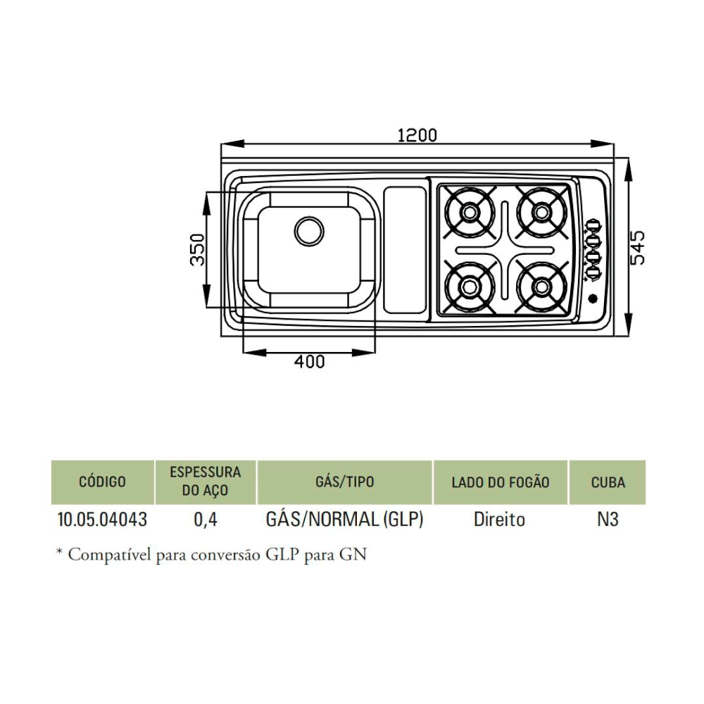 Pia De Inox 1,20 com Fogão 04 Bocas a Gás Ghelplus - 3