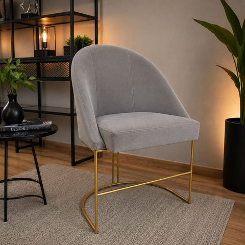 Poltrona Lua Base Metálica Tecido Veludo Premium Cinza