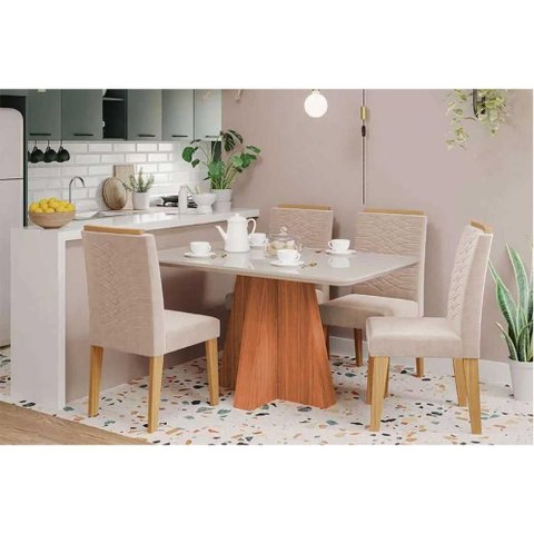 Conjunto: Mesa Sala Jantar Maitê Tampo Madeirado C/ Vidro 130x80cm e 4 Cadeiras Clarice Cinamomo/