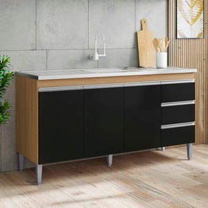 Balcão Gabinete P/ Pia Andreia com Tampo 150 Cm Ajl Móveis - Amêndoa e Preto