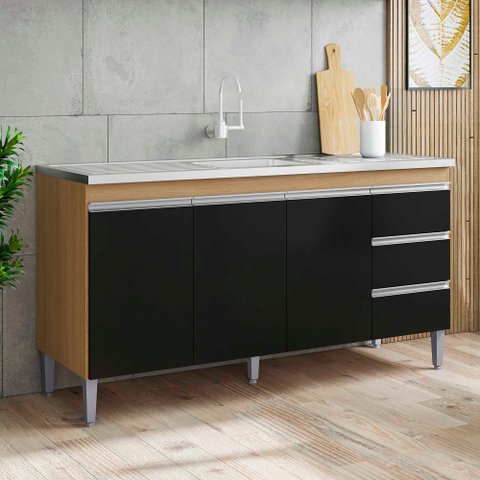 Balcão Gabinete P/ Pia Andreia com Tampo 150 Cm Ajl Móveis - Amêndoa e Preto