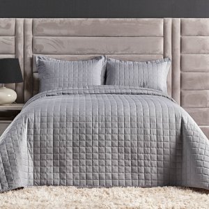 Kit Colcha Cobre Leito Casal Padrão 3 Peças Cama 300 Fios Porta Travesseiro Várias Cores Cinza