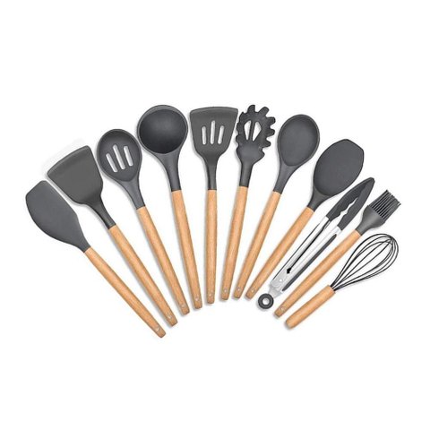 Kit com 11 Peças Utensílios para Cozinha Silicone e Madeira