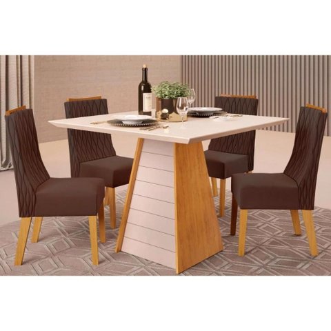 Conjunto: Mesa de Cozinha Fler Tampo Madeirado C/ Vidro 90x90cm e 4 Cadeiras Jade Cedro/off White -