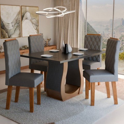 Mesa de Jantar 4 Lugares Belvedere Mel/cinza/veludo Cinza - Panorama Móveis