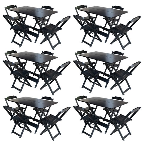 Kit 6 Jogos de Mesa com 4 Cadeiras de Madeira Dobrável 120x70 para Bar e Restaurante - Preto