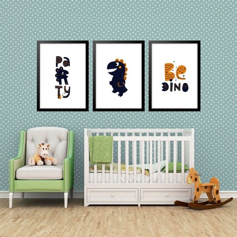 Kit 3 Quadros Grandes Quarto Infantil Be Dino Party 60x48cm:moldura Branca