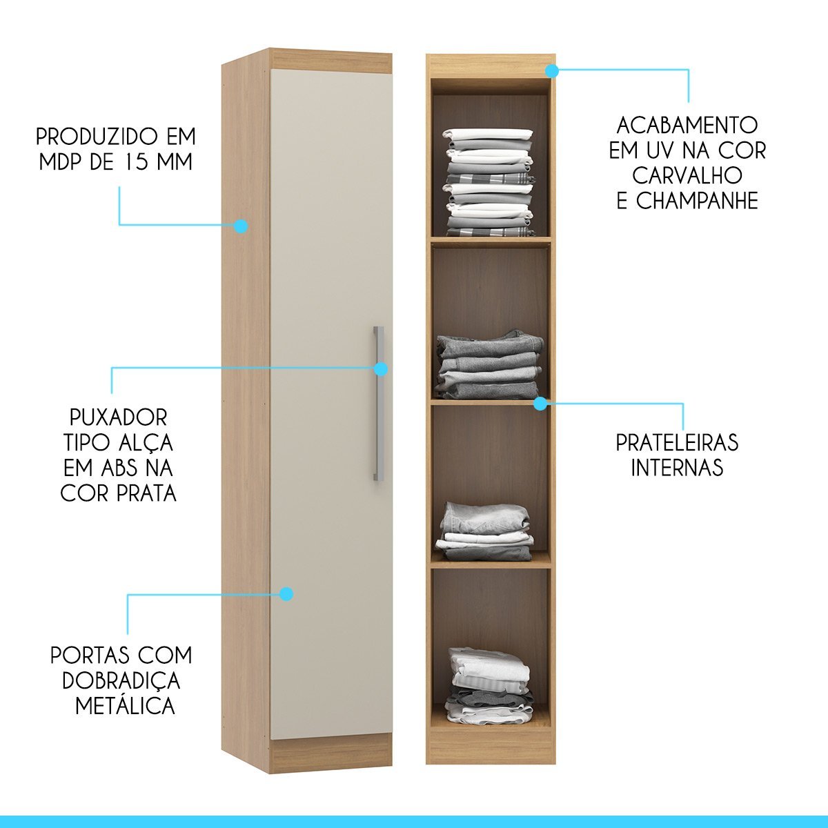 Armário Guarda Roupa Modulado Selene 1 Porta 40x218 Cm Mdp Carvalho 6004 Menu - 2