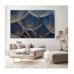 Quadro Folhas e Flores Dente de Leão em Fundo Azul C/ Moldura Dourada:120 X 80 Cm - 1