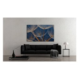 Quadro Folhas e Flores Dente de Leão em Fundo Azul C/ Moldura Dourada:120 X 80 Cm - 3