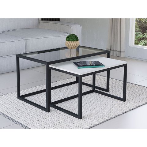 Conjunto Mesa de Centro Industrial 65cm e 60cm Preto Duo Vidro e Madeira Don Castro Decor Branco