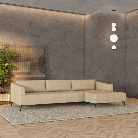 Sofá Bipartido Sala de Estar Kiara 292cm Chaise Direito Pés de Ferro Couro Bege G52 - Gran Belo
