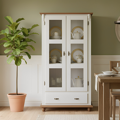 Cristaleira Colonial de Madeira 2 Portas 1 Gaveta e Pés Torneados - Nude /tampo e Base Imbuia Glazer