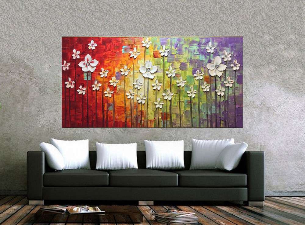 Quadro Pintura Tela Arvores e Flores Modernas Em Altos Relevos 2158: 70cm (A) x 140cm (L) - 2