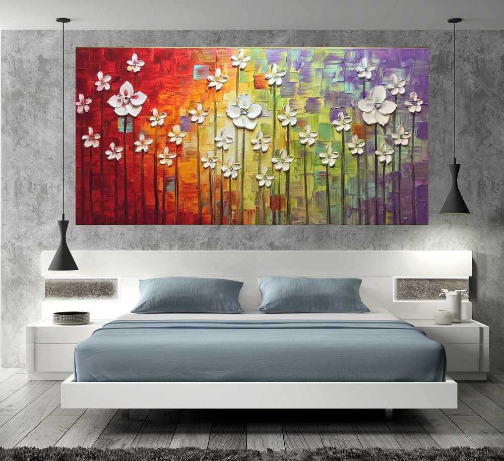 Quadro Pintura Tela Arvores e Flores Modernas Em Altos Relevos 2158: 70cm (A) x 140cm (L) - 5