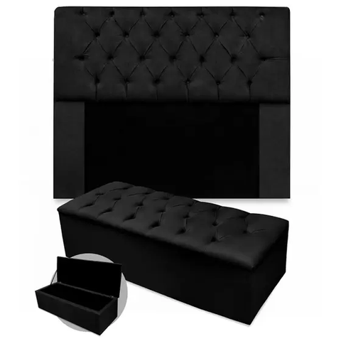 kit Cabeceira E Calçadeira Baú solteiro preto 0,90 cm Sofia Suede