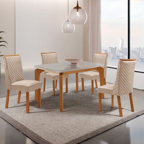 Mesa de Jantar Liz 120cm Tampo MDF Vidro Canto Copo com 4 Cadeiras Yasmin
