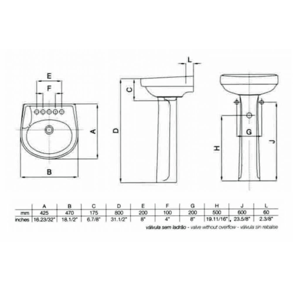 Lavatório para Coluna Zip Branco 47x42,5cm - Incepa - 2