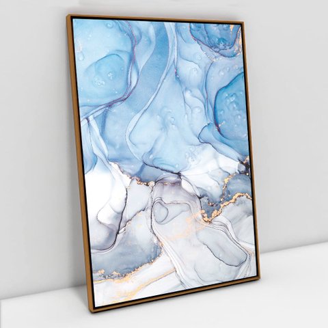 Quadro Decorativo em Canvas Abstrato Mármore Azul Claro TaColado Moldura Flutuante 4,5cm Freijó 120 