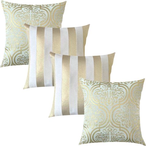 Kit 4 Capas de Almofadas Luxo Composê Adamascado e Listrado Branco e Dourado 45x45cm Sua Casa Decor