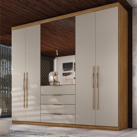 Guarda Roupa Casal 6 Portas com Espelho e 4 Gavetas Giardino - Amêndola Touch/nude Prime Tx