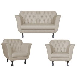 Kit Namoradeira + 2 Poltronas Decorativa Couro Bege Pés Madeira Ms Decor - 1