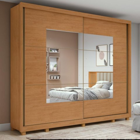 Guarda-roupa Casal 100% Mdf 2 Portas 6 Gavetas Easy Max com Espelho e Pés Amendoa/off White