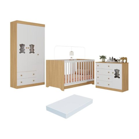 Quarto de Bebê Completo com Berço Americano 3 em 1 Colchão Teddy Multimóveis Mp4668 Madeirado/