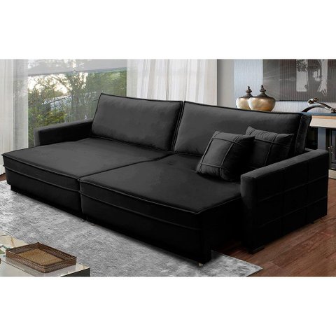 Sofá Retrátil e Reclinável 2,30m Karina Veludo Preto Madelina Decor