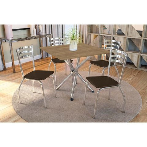 Sala de Jantar Completa Volga Tampo de Madeira 90cm e 4 Cadeiras Portugal Cromada/nogueira Marrom