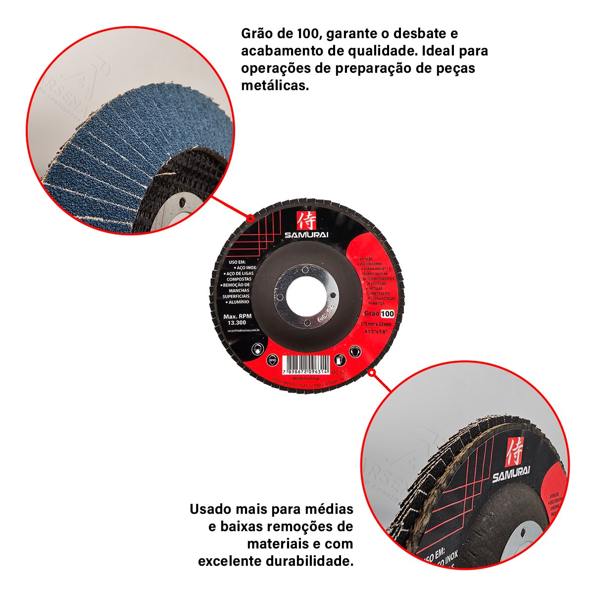 Kit 10 Discos de Lixa Flap de Fibra 115mm 4” Grão 100 - 4