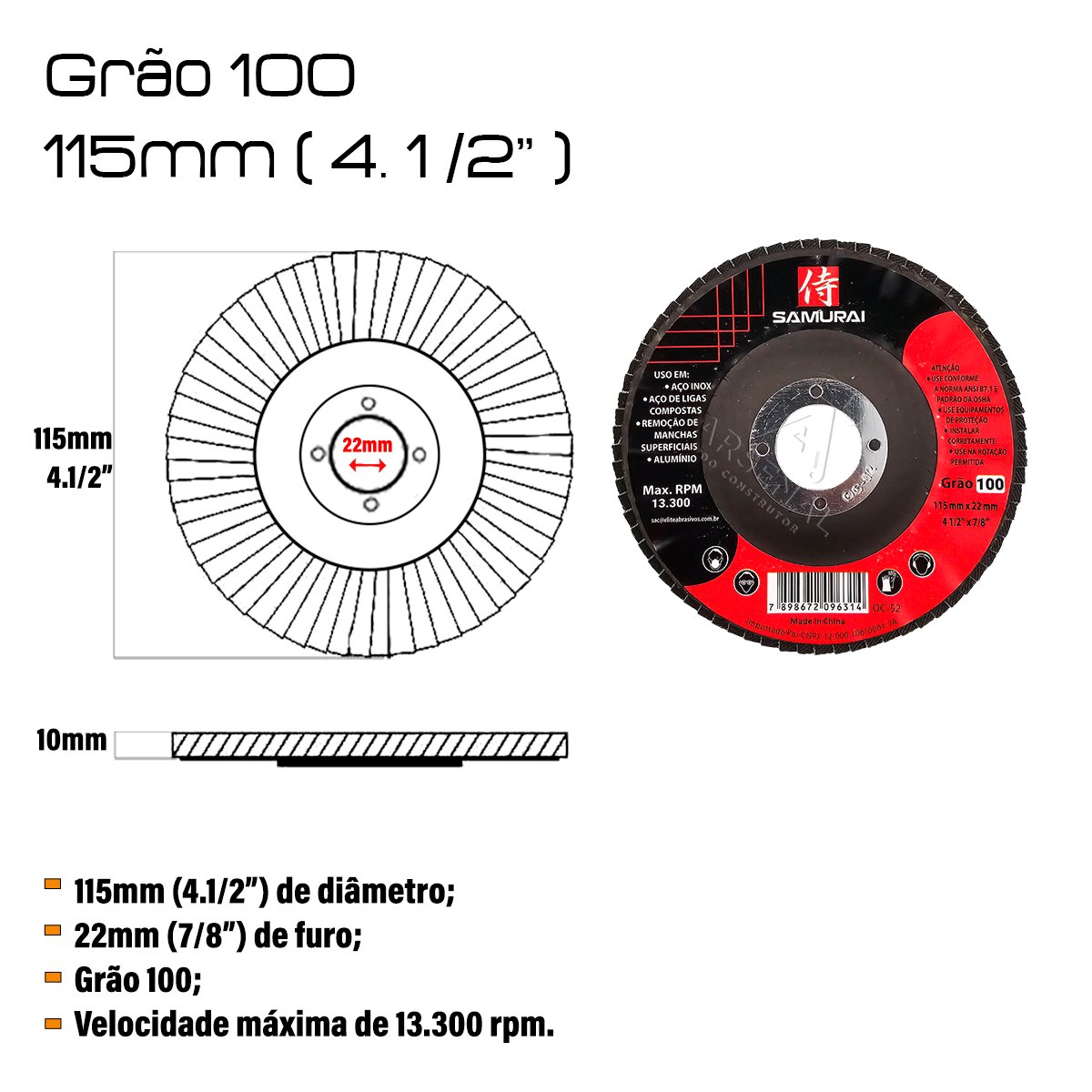Kit 10 Discos de Lixa Flap de Fibra 115mm 4” Grão 100 - 2