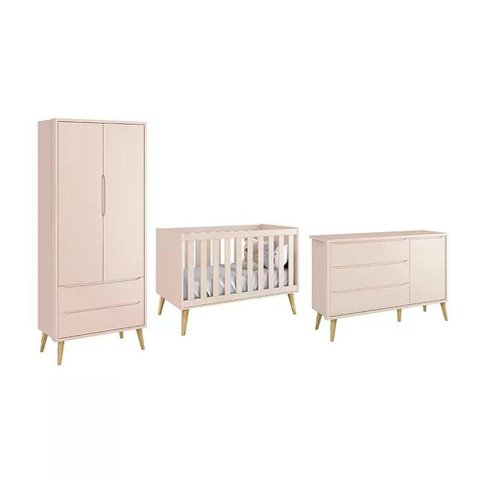 Dormitório Theo 2 Portas e Cômoda 1 Porta Rosa com Pés Madeira Natural - Reller Móveis Rosa