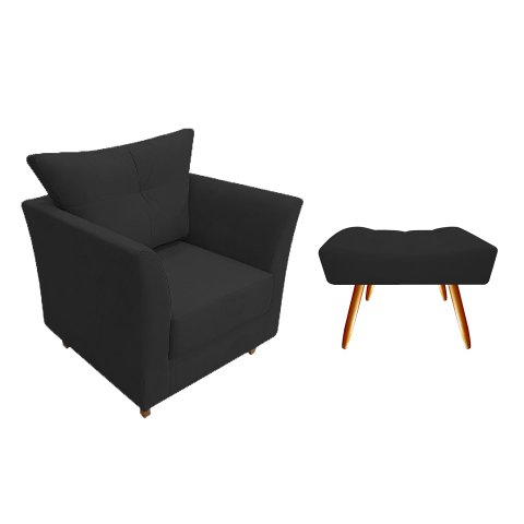 Kit Poltrona Decorativa Isis + Puff Retangular Suede Preto Pés Madeira Mz Decor