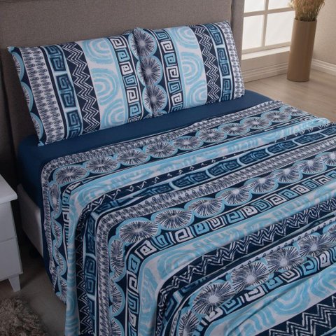 Jogo Cama Lençol Sonnet Casal Padrão Malha Estampada 100% Algodão 4 Peças - Geométrico - Azul