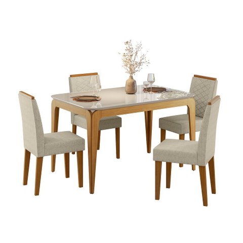 Conjunto Mesa Jantar Retangular Aurea Tampo Vidro 4 Cadeiras:off White / Ypê