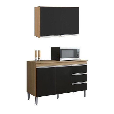 Armário Aéreo Andréia 80 Cm Balcão de Cozinha com Tampo 100 Cm Preto Amêndoa - Ajl