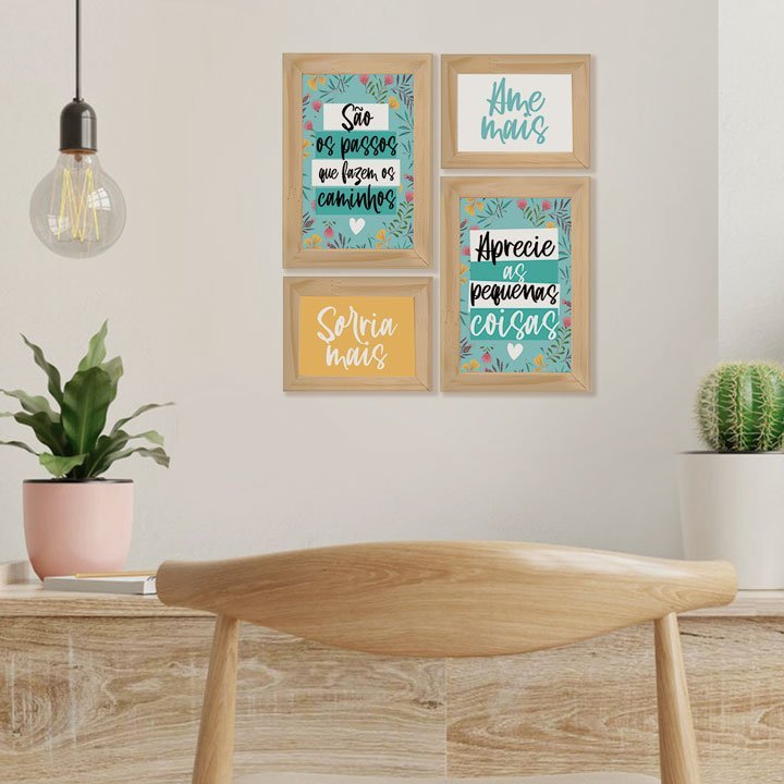 Kit 4 Quadros com Moldura Frases Colorido Flores Decoração | MadeiraMadeira