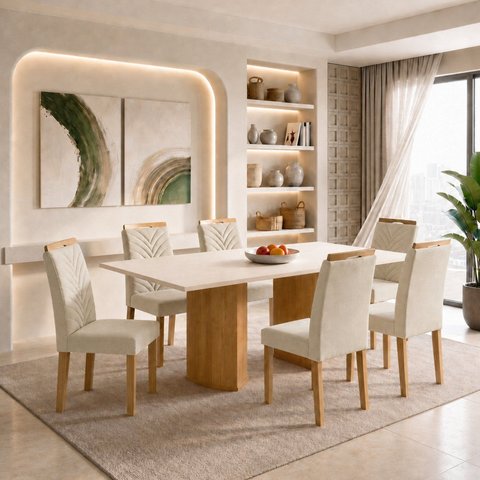 Conjunto de Sala de Jantar 6 Lugares Isla e Carol MDF 160x80cm Cinamomo Off White e Bege