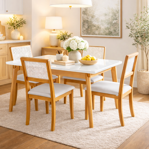 Mesa de Jantar Jade 120x90 Madeira Maciça 4 Lugares Tampo Mdf/vidro Bege