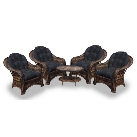 Conjunto de Poltronas Fibra Sintética Janaína - 4 Poltronas + 1 Mesa Centro - Tecido Duna Preto
