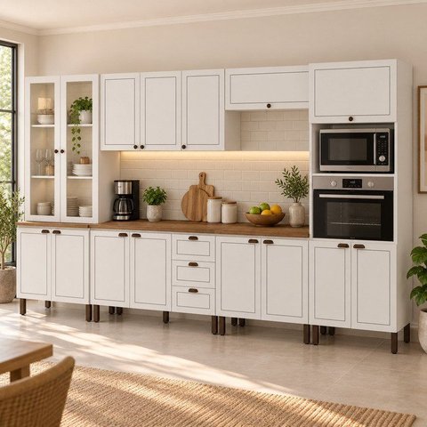 Cozinha Modulada Completa 6 Peças Modelo Americano Provençal com Tampo Branco/Ébano