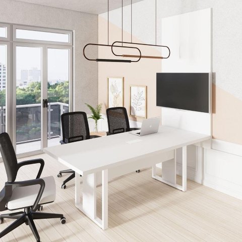 Mesa de Reunião Design Industrial 2,00 m com Caixa de Tomadas e Painel para TV F5 Office Cor:Branco