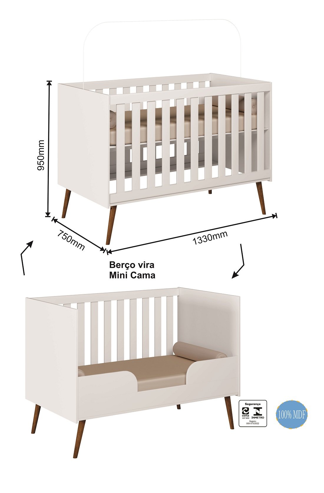 Quarto Infantil 100% Mdf Retrô - Lunna Comoda + Berço-branco - 4