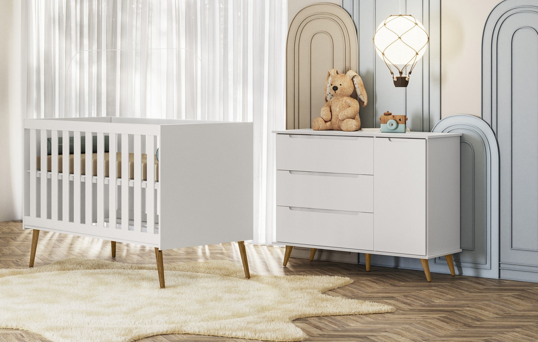 Quarto Infantil 100% Mdf Retrô - Lunna Comoda + Berço-branco