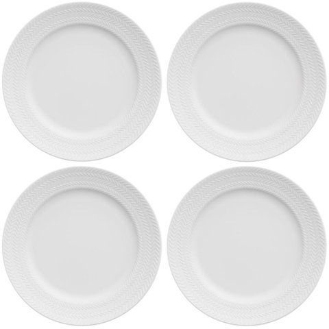 4 Pratos de Sobremesa 21cm em Porcelana Relevo Chevron Germer Branco Redondo