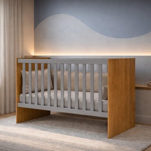 Berço Mini Cama Grade Móvel Giovana Marrom/Nature/Cinza